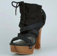 Image 2 of BLACK DRAWSTRING STRAPPY WOOD PLATFORM HEELS