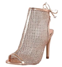 Image 3 of ROSE GOLD PEEP TOE REAR LACE UP RHINESTONE MESH HEELS