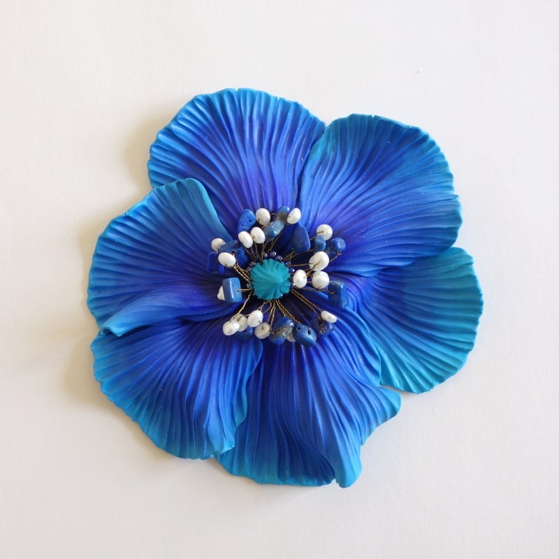 Image of Grande broche Fleur bleue 2
