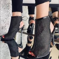 Image 1 of BLACK PEEP TOE REAR LACE UP RHINESTONE MESH HEELS
