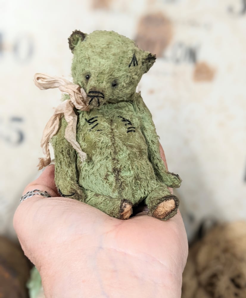 Image of 5" - old worn shabby fat MINT GREEN grizzly bear  by whendi's bears.