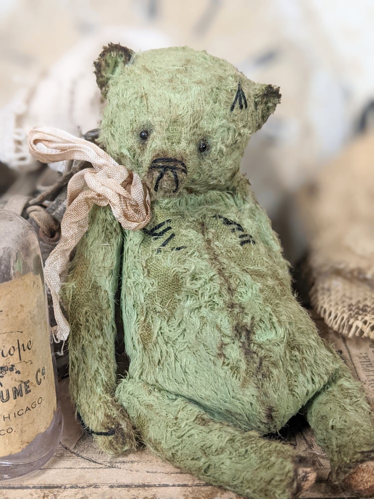 Image of 5" - old worn shabby fat MINT GREEN grizzly bear  by whendi's bears.