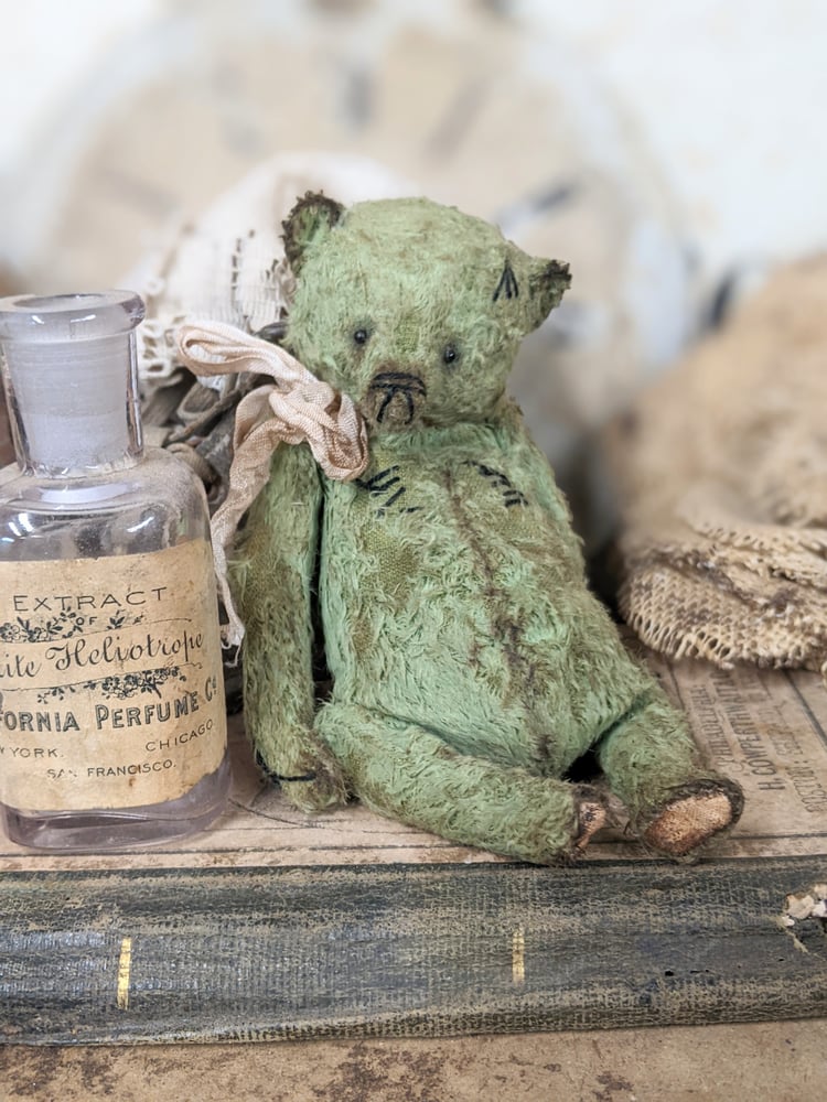 Image of 5" - old worn shabby fat MINT GREEN grizzly bear  by whendi's bears.