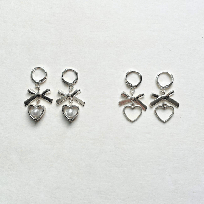silver heart and bow huggie hoop earrings