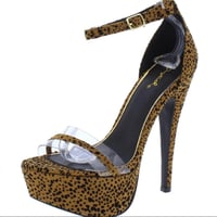 Image 2 of CAMEL BLACK LEOPARD SUEDE PLATFORM HEELS