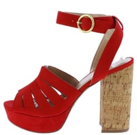 Image 1 of RED SUEDE PEEP TOE ANKLE STRAP CORK HEELS