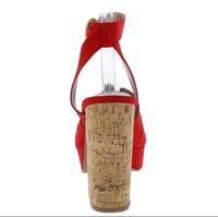 Image 3 of RED SUEDE PEEP TOE ANKLE STRAP CORK HEELS