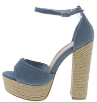 Image 1 of BLUE DENIM PEEP TOE ANKLE STRAP PLATFORM ESPADRILLE HERLS