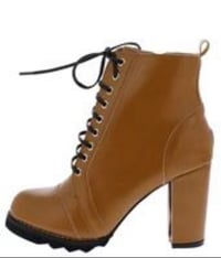 TAN PULL LACE UP BLOCK HEEL BOOTS