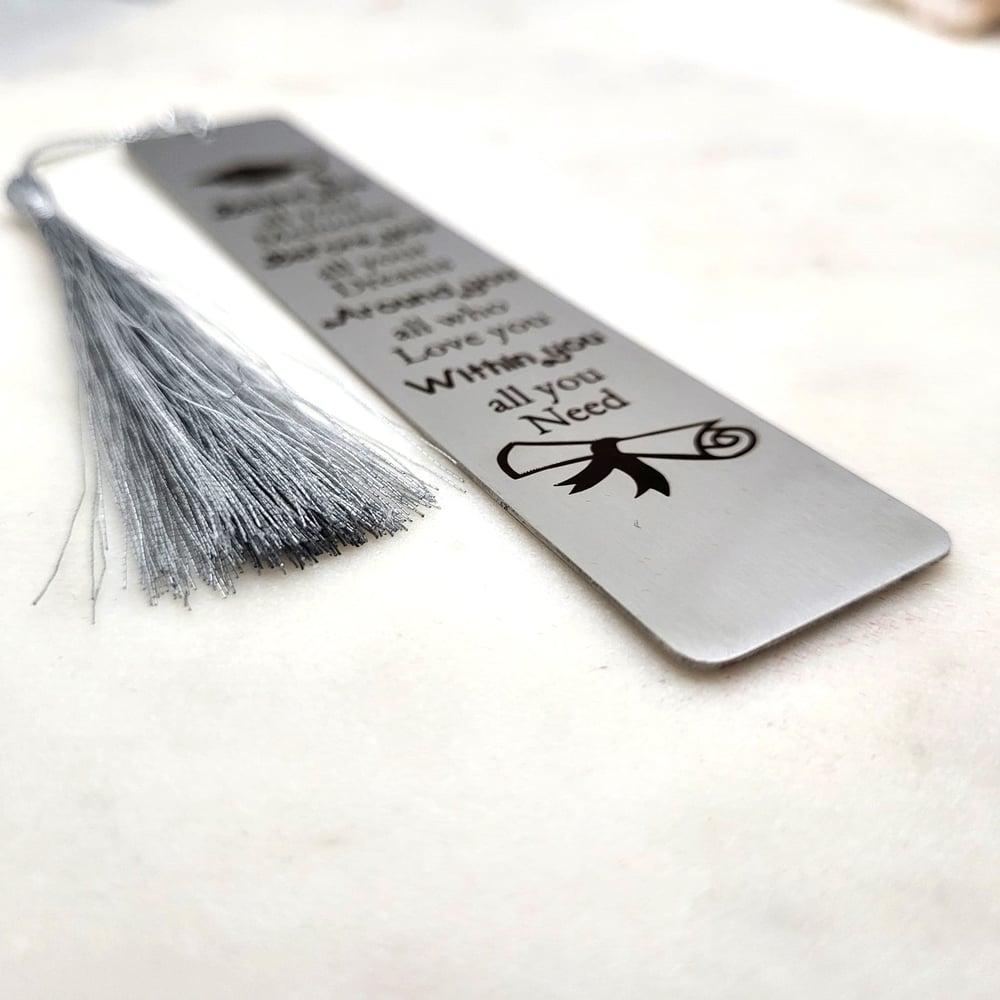 Image of Behind you all your memories, Before you all your Dreams Inspiring Bookmark - Steel Silver with Tass