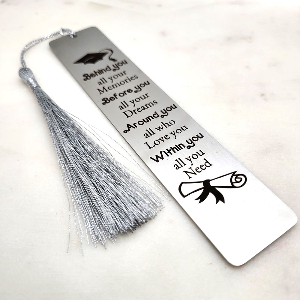 Image of Behind you all your memories, Before you all your Dreams Inspiring Bookmark - Steel Silver with Tass