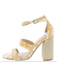 Image 1 of YELLOW OPEN TOE ANKLE STRAP WOVEN BLOCK HEELS