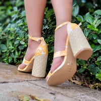 Image 4 of YELLOW OPEN TOE ANKLE STRAP WOVEN BLOCK HEELS