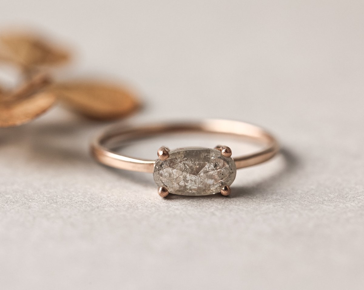 Image of 18ct Rose gold, pale grey oval rose-cut diamond ring (LON223)