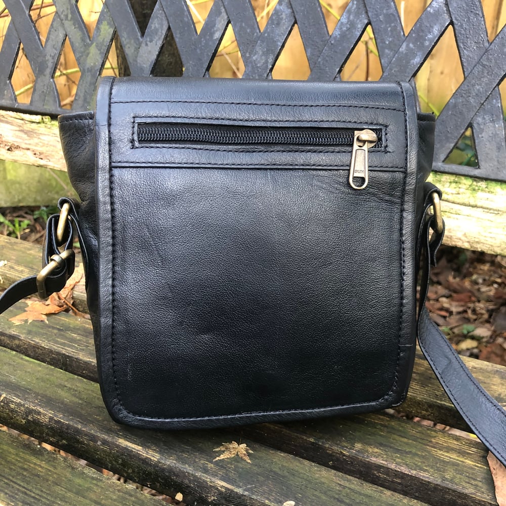 Image of Handmade Buffalo Leather Square Man Bag - Black 6.5x6.5”