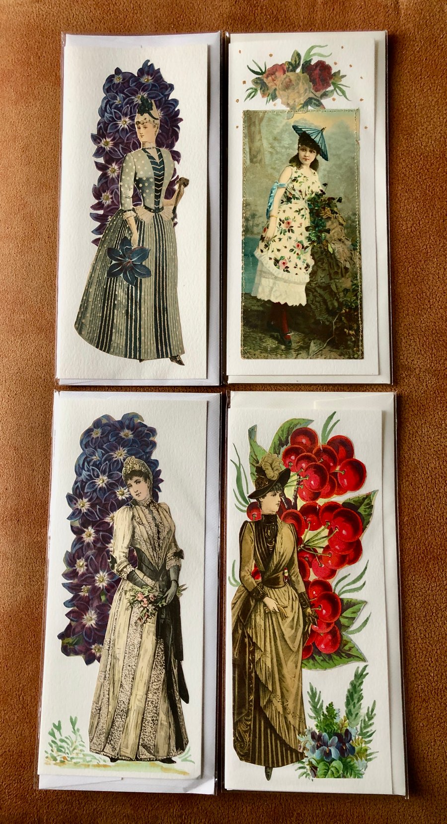 Image of 4 Long Blank Antique Paper Greeting Cards Women and Flora/Fauna