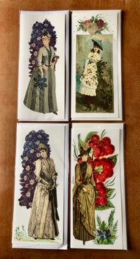 4 Long Blank Antique Paper Greeting Cards Women and Flora/Fauna