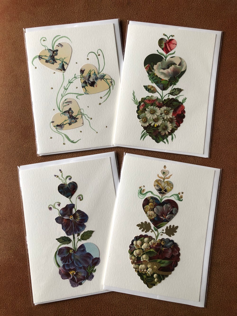 Image of 4 Blank Antique Paper Greeting Cards Botanical Hearts Violets and more