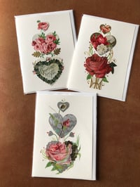 3 Blank Antique Paper Greeting Cards Botanical Hearts ROSES