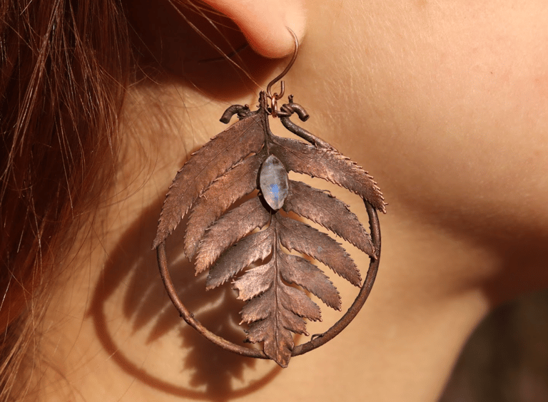 Fern and Rainbow Moonstone Copper Plated Earrings Image 2