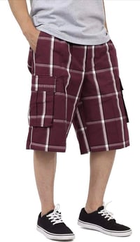 Image 1 of SHAKA WEAR BURGUNDY MEN’S RELAXED FIT PLAID CARGO SHORTS