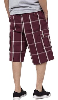 Image 2 of SHAKA WEAR BURGUNDY MEN’S RELAXED FIT PLAID CARGO SHORTS