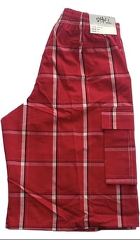 Image 4 of SHAKA WEAR RED MEN’S RELAXED FIT PLAID CARGO SHORTS