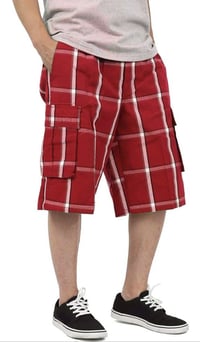 Image 1 of SHAKA WEAR RED MEN’S RELAXED FIT PLAID CARGO SHORTS