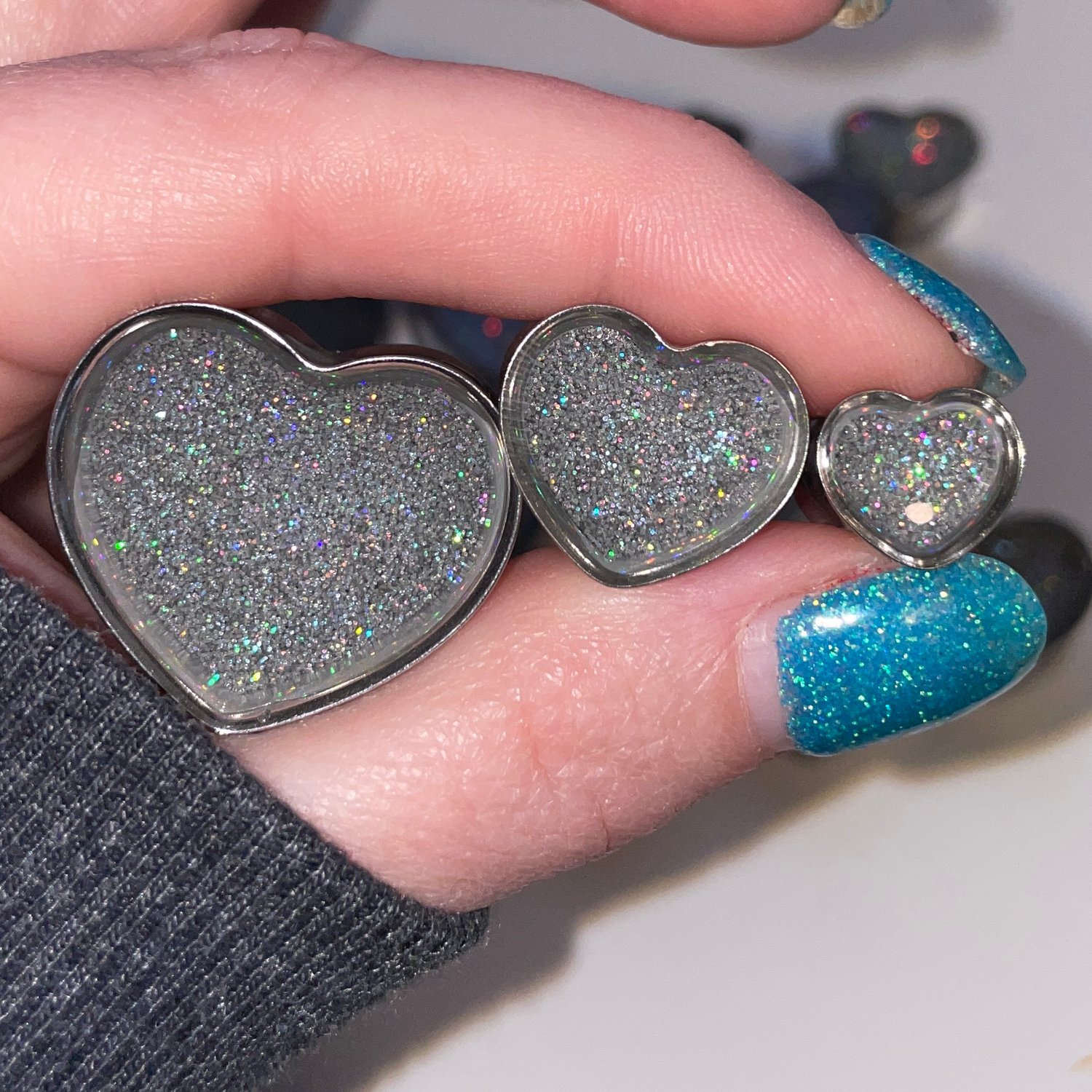 Image of Silver Holographic Heart Plugs (sizes 0g-1 1/4)
