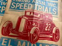 Image 2 of El Mirage Russetta Time Trials 1949 aged Linocut Print (red and blue edition) FREE SHIPPING