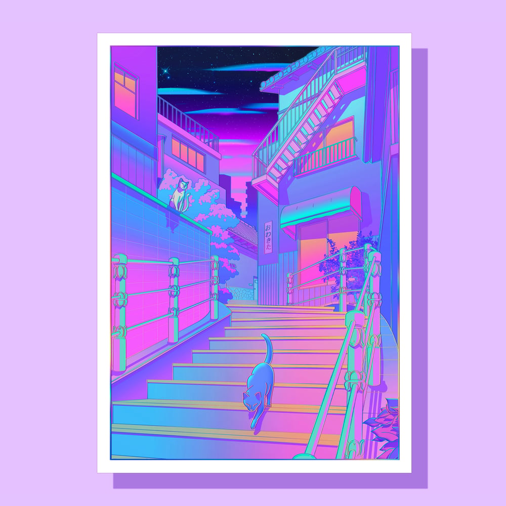 Image of Nightfall in Nekocity - A3 HOLOGRAPHIC PRINT