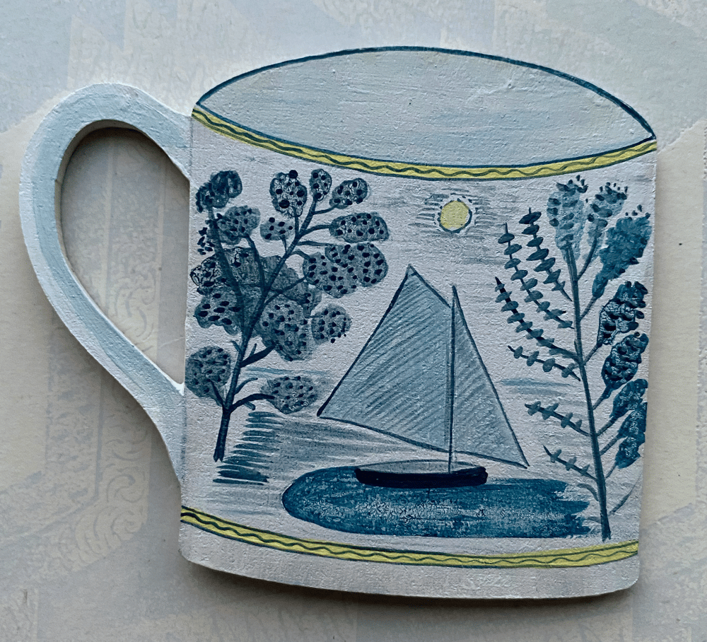 Image of Miniature wooden painted cup cutout: Ravilious boat