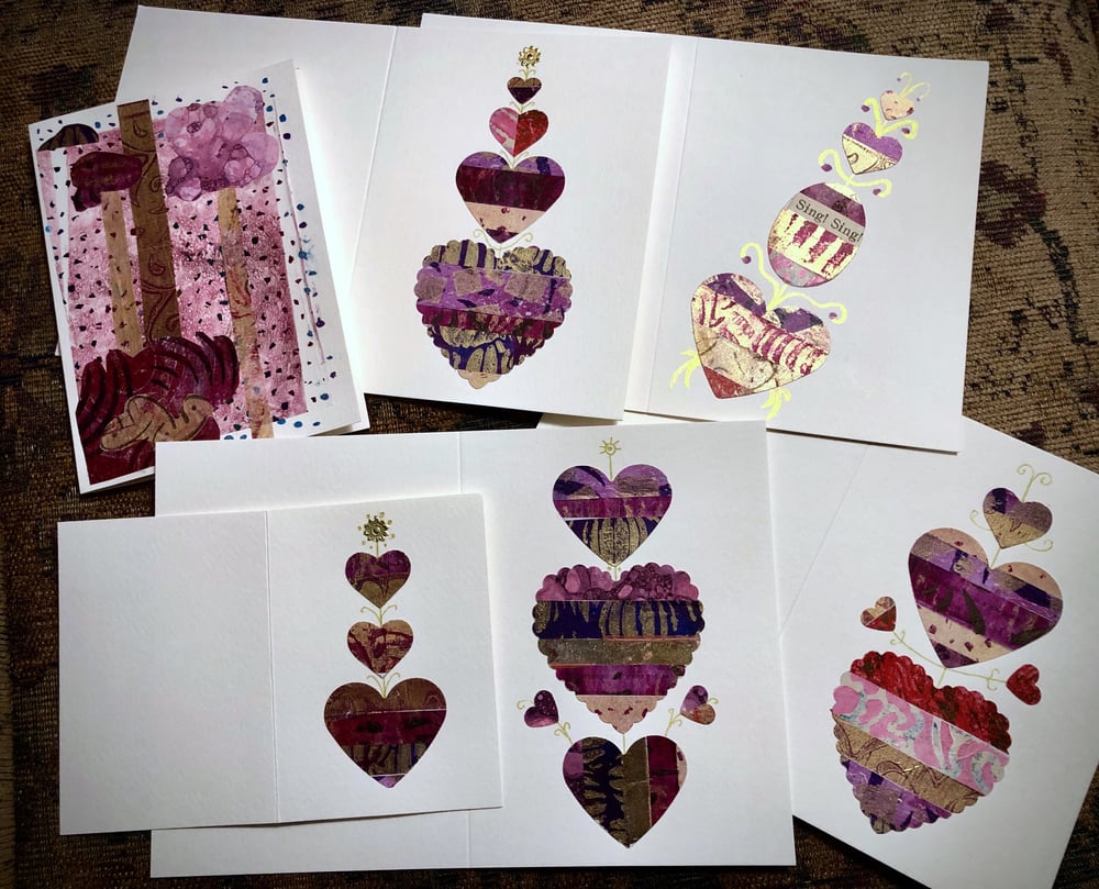 Image of 6 Handmade Greeting Cards Hearts Valentine's Day BEAUTIFUL REDS and PINKS