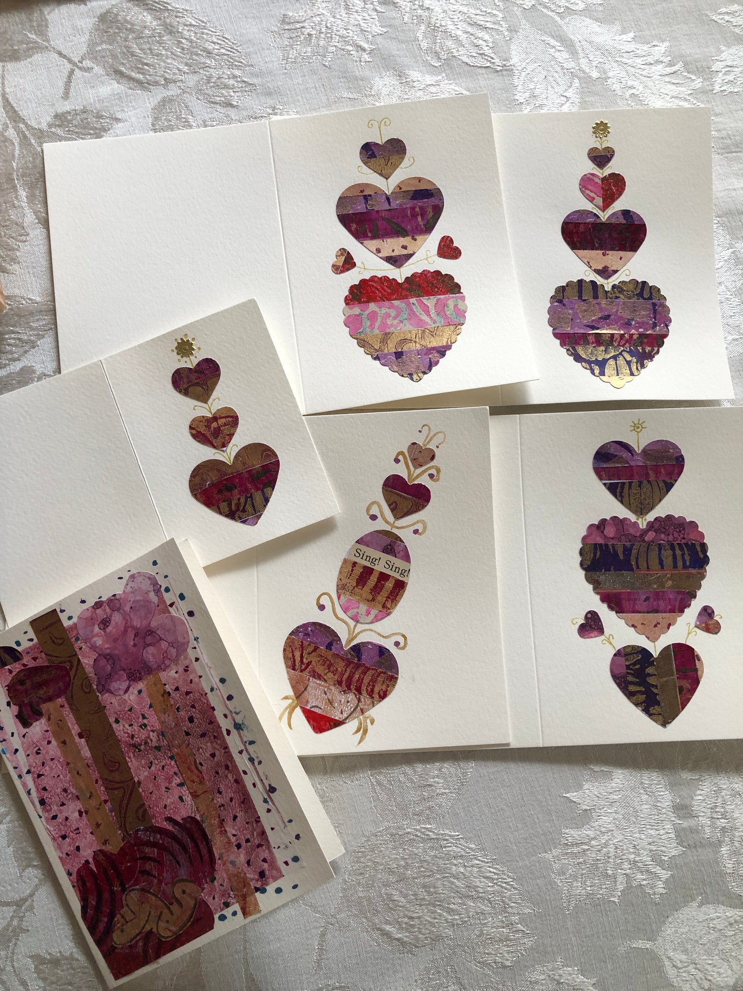 Image of 6 Handmade Greeting Cards Hearts Valentine's Day BEAUTIFUL REDS and PINKS
