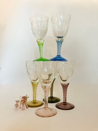 Six Harlequin Twisted Stem Small Wine Glasses