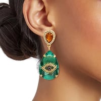 Image 1 of Green Crystal Teardrop Evil Eye Earrings