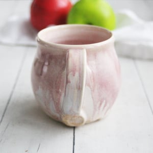 Image of Pink and White Mug with Dripping Glazes, Handmade Pottery Coffee Cup, Made in USA