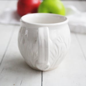 Image of Hand Carved Floral, Shiny White Stoneware Mug, 12 Ounce Pottery Mug, Made in USA