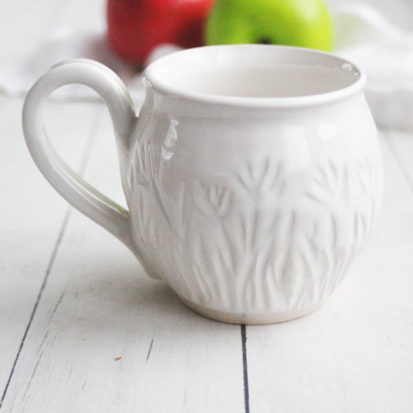 Image of Hand Carved Floral, Shiny White Stoneware Mug, 12 Ounce Pottery Mug, Made in USA