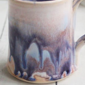 Image of Small Purple and White Pottery Mug with Dripping Artful Glaze, 10 Ounce Ceramic Mug, Made in USA
