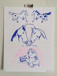 Image 2 of Two horses Risograph print in blue and pink 