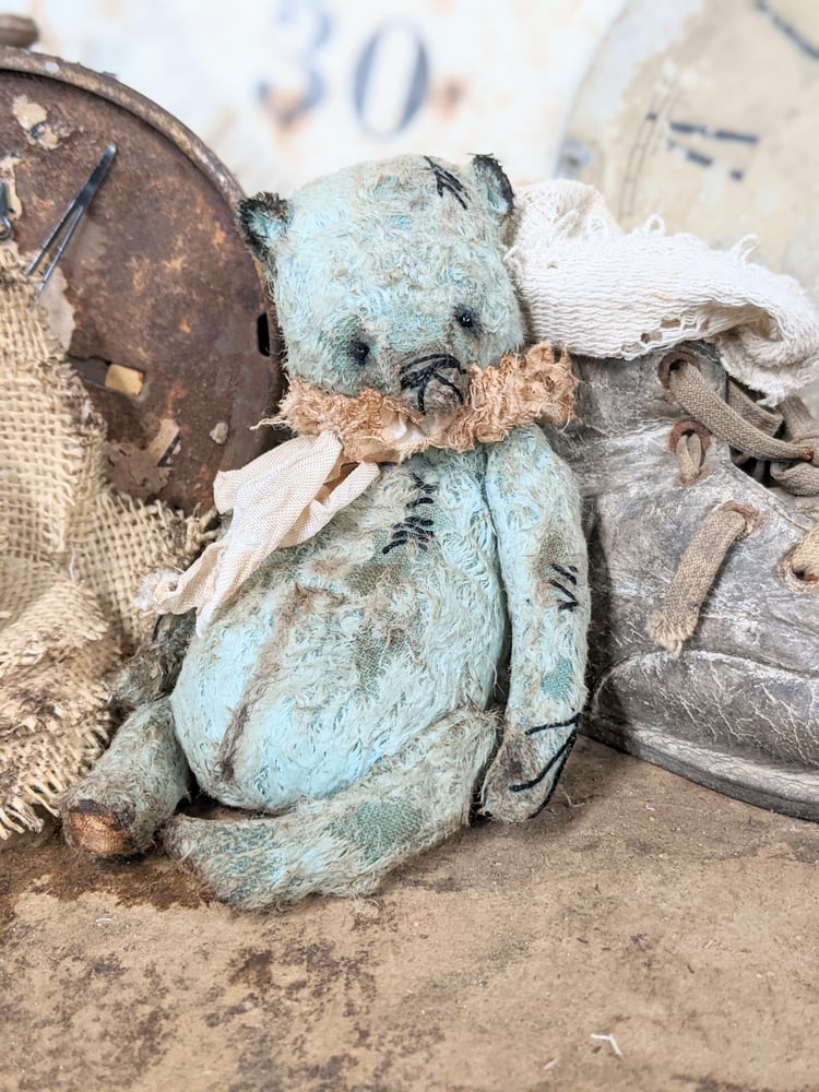 Image of 5" - old Shabby-Vintage distressed all blue fat grizzly bear  by whendi's bears.