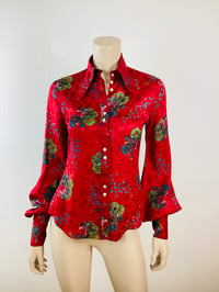 Image 1 of Vintage 1970s Jeff Banks Red Balloon Sleeve Blouse