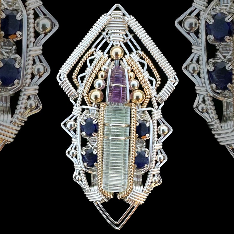 Image of Aquamarine, 4 x Iolites, and Amethyst Pendant