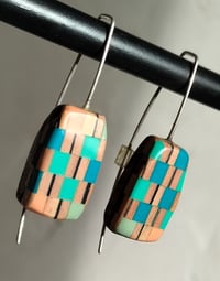 Image of blue random chequered pattern abstract earrings