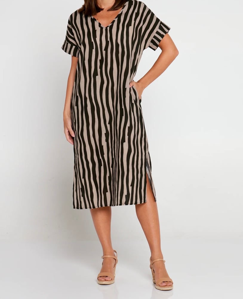 Image of Sophie  Stripe Cotton Dress - Tan/ Brown 