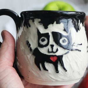 Image of Whimsical Black Cat Sgraffito Mug, Hand Carved Kitty Coffee Cup, 12 oz., Made in USA