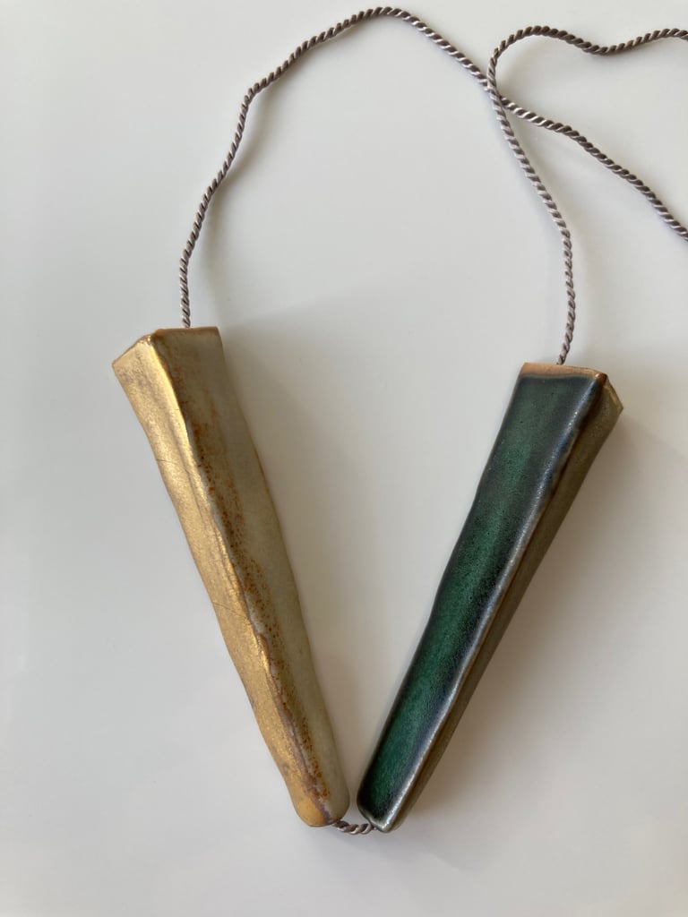 Stoneware necklace, silk chord in cloud,  24k gold luster