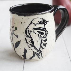 Image of Chickadee and Sparrow Sgraffito Mug, Beautiful Carved Birds Coffee Cup, 13 oz., Made in USA