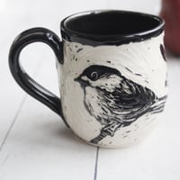 Image 1 of Chickadee and Sparrow Sgraffito Mug, Beautiful Carved Birds Coffee Cup, 13 oz., Made in USA